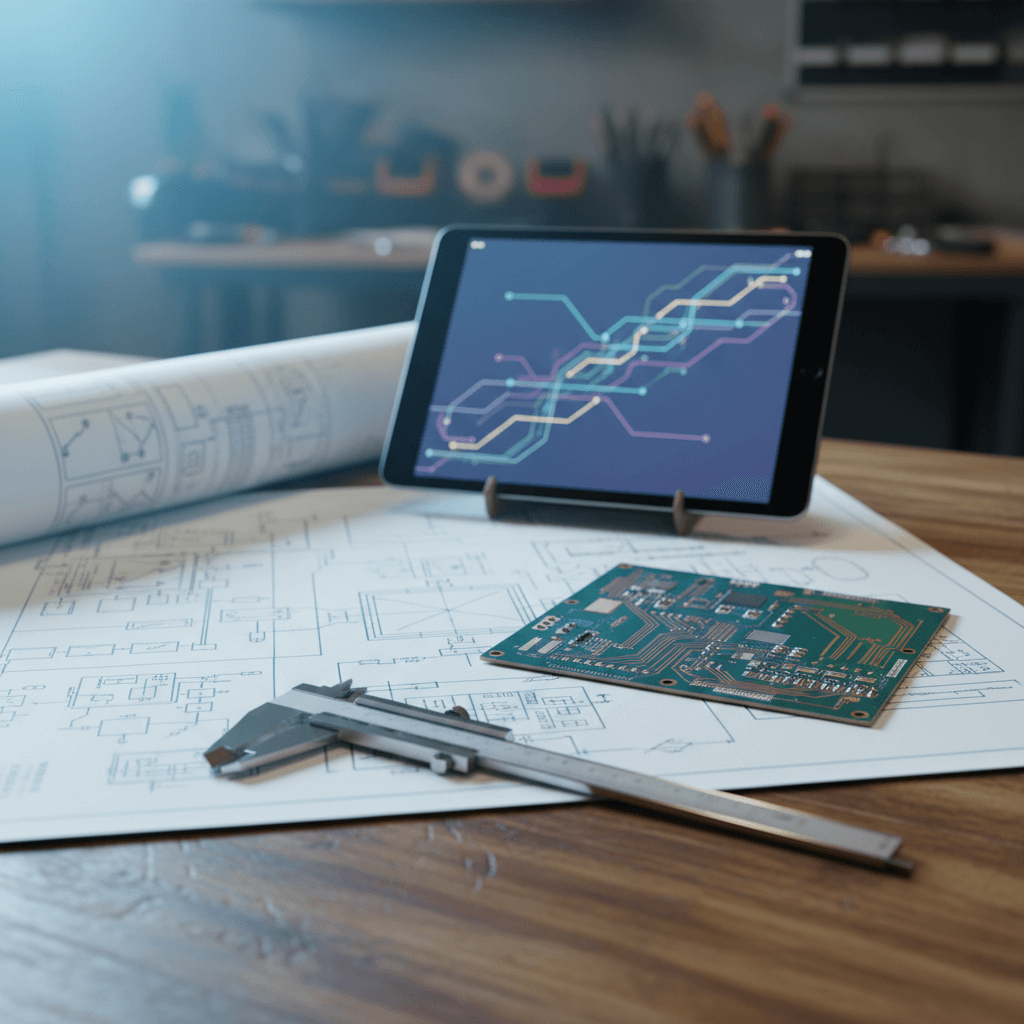 Blueprint with instruments representing advisory and design optimization